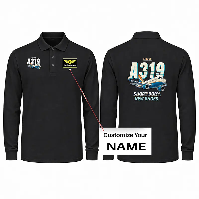 Airbus A319neo Premium Polo T-Shirts - Cartoon + Name - Long Sleeve - Black