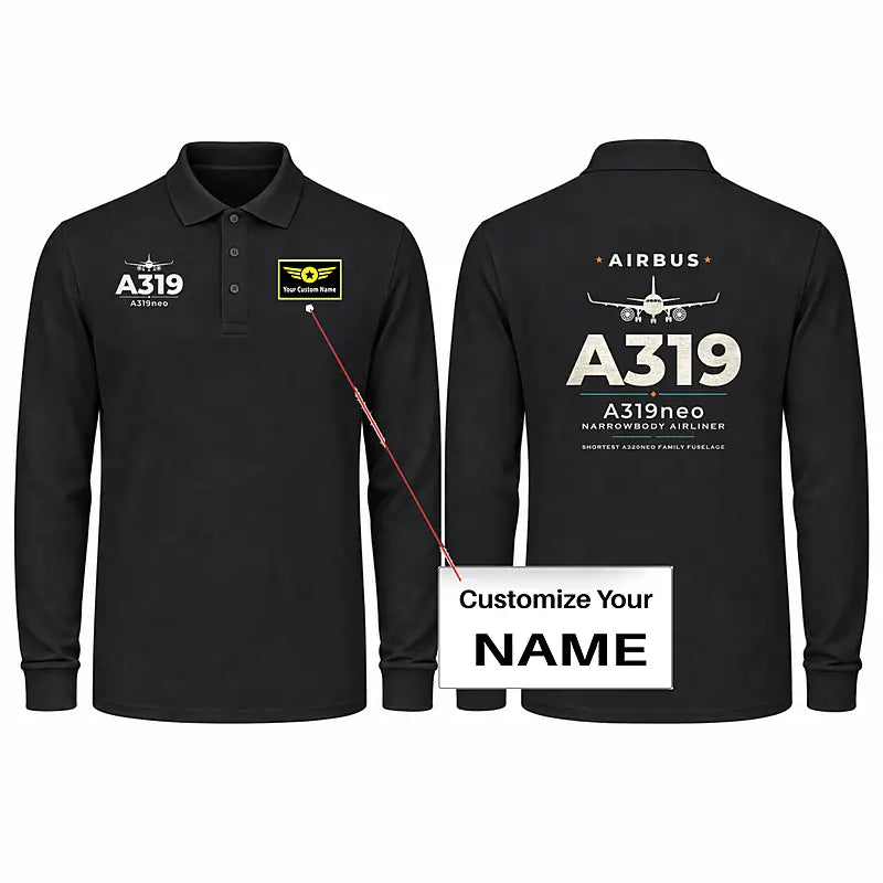 Airbus A319neo Premium Polo T-Shirts - Heritage + Name - Long Sleeve - Black