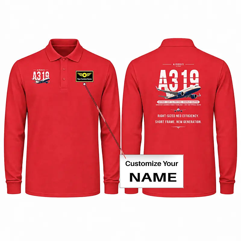 Airbus A319neo Premium Polo T-Shirts - Original + Name - Long Sleeve - Red
