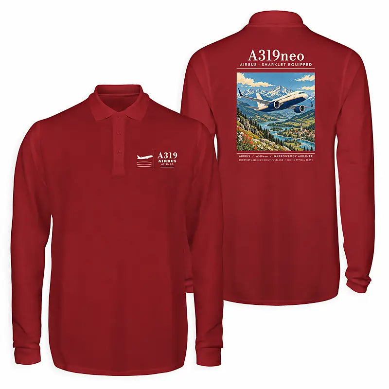 Airbus A319neo Premium Polo T-Shirts - Poster - Long Sleeve - Dark Red