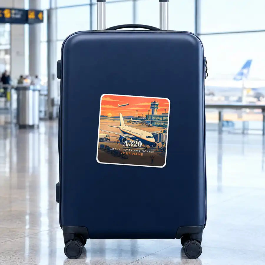 Airbus A320 - 3D + Name - Square Sticker - Suitcase