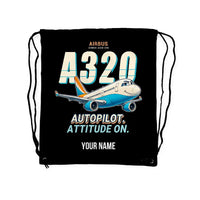 Thumbnail for Airbus A320 - Drawstring Bag - Cartoon + Name - Black