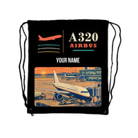 Thumbnail for Airbus A320 - Drawstring Bag - Classic + Name - Black