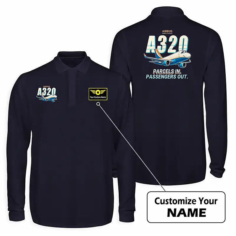 Airbus A320P2F Premium Polo T-Shirts - Cartoon + Name - Long Sleeve - Dark Blue