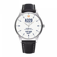 Thumbnail for Airbus A320neo - Classic - White + Name - Leather Strap - Black Leather Strap