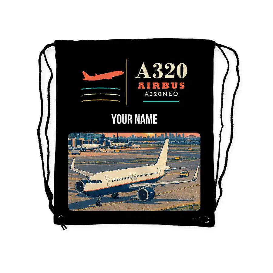 Airbus A320neo - Drawstring Bag - Classic + Name - Black