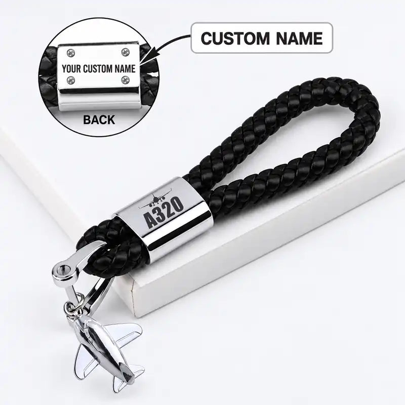 Airbus A320neo - Leather Key Chain - Braided Leather - Heritage - Black + Name