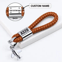 Thumbnail for Airbus A320neo - Leather Key Chain - Braided Leather - Tag - Brown + Name