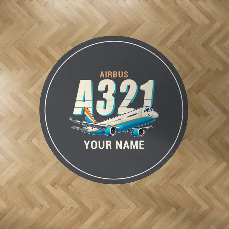Airbus A321 - Cartoon + Name - Round Carpet - Dark Gray