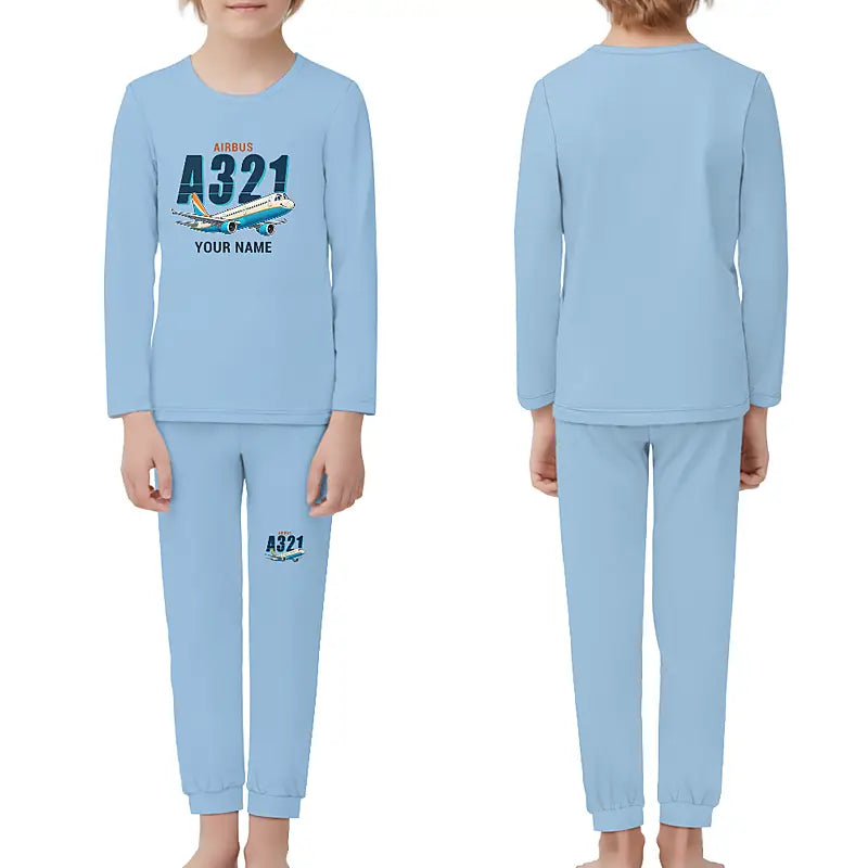 Airbus A321 - Children Pajamas - Cartoon Chest + Name - Light Blue
