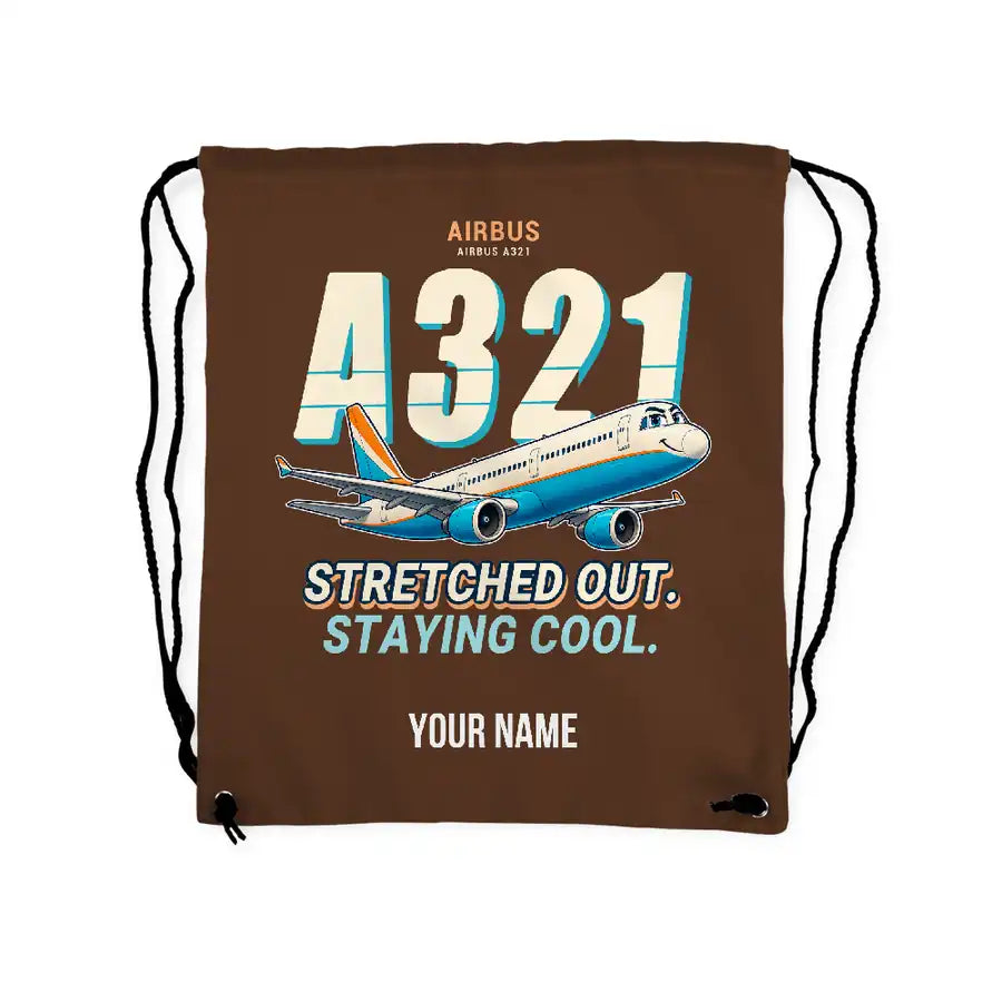 Airbus A321 - Drawstring Bag - Cartoon + Name - Brown