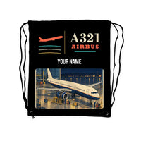 Thumbnail for Airbus A321 - Drawstring Bag - Classic + Name - Black