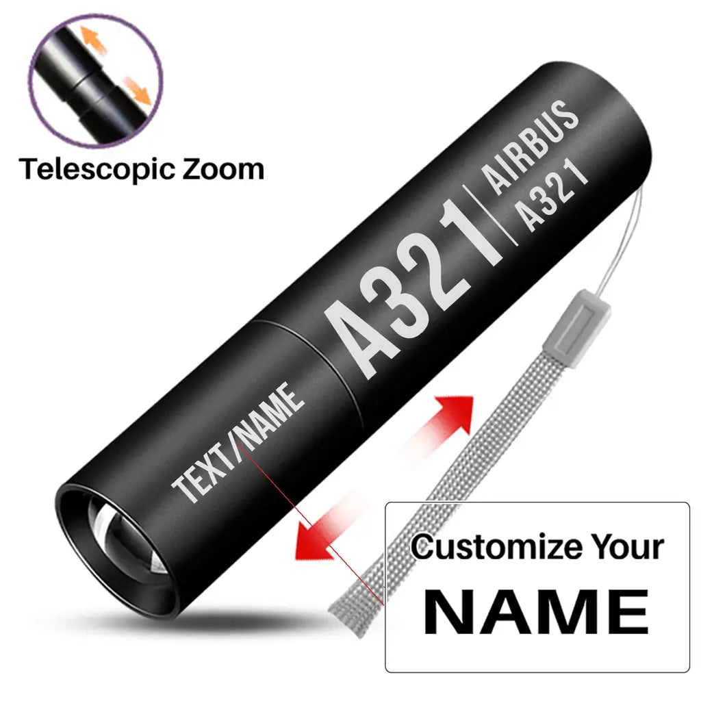 Airbus A321 - Mini LED Flashlight - Tag - Black + Name