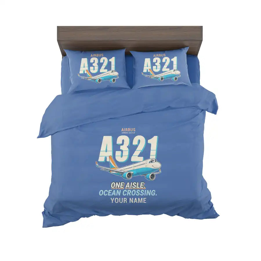 Airbus A321LR - Cartoon + Name - Bedding Set - Blue
