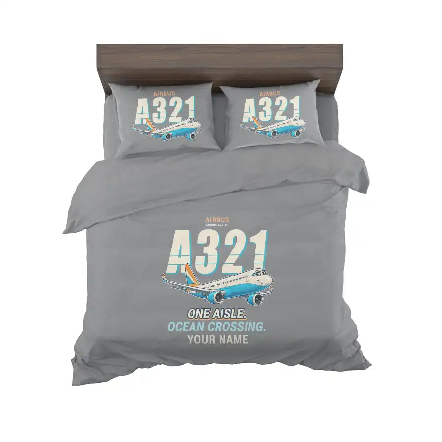 Airbus A321LR - Cartoon + Name - Bedding Set - Gray