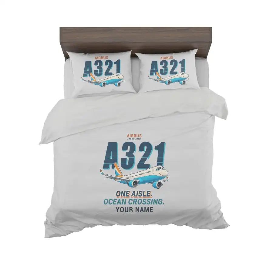 Airbus A321LR - Cartoon + Name - Bedding Set - Light Gray