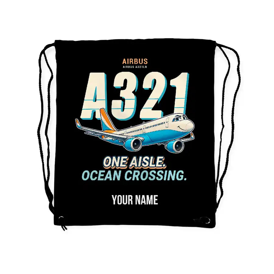 Airbus A321LR - Drawstring Bag - Cartoon + Name - Black