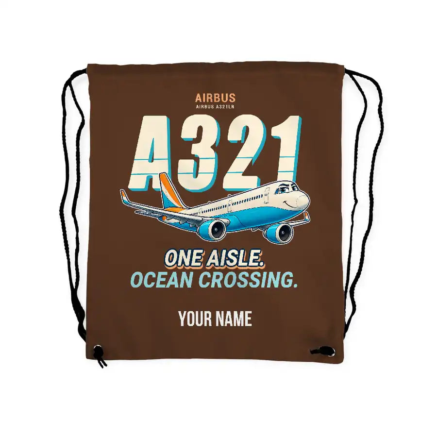 Airbus A321LR - Drawstring Bag - Cartoon + Name - Brown