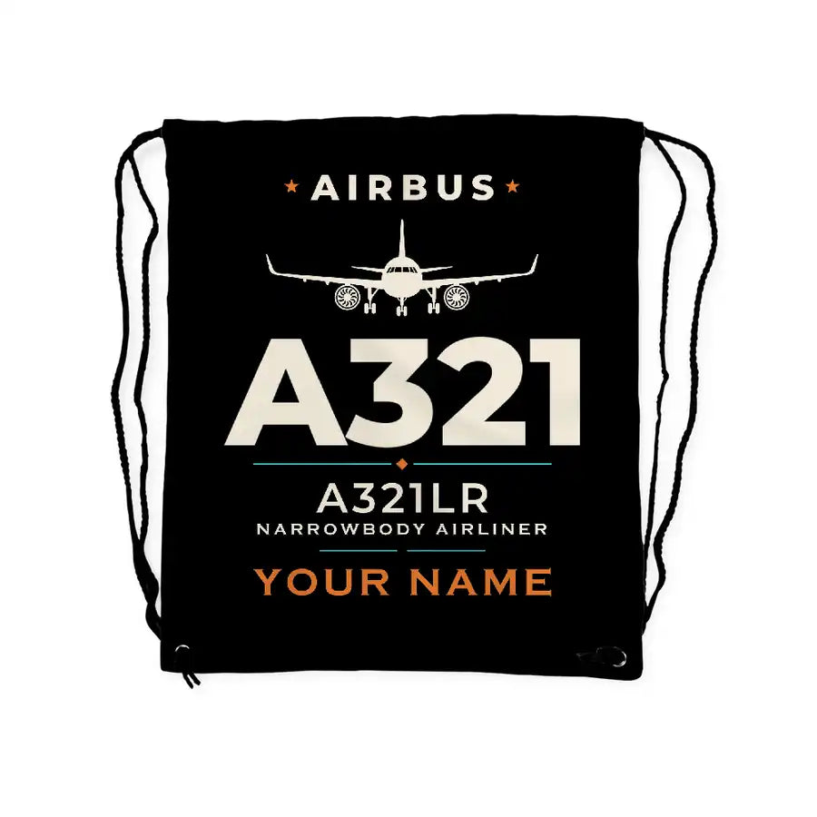 Airbus A321LR - Drawstring Bag - Heritage + Name - Black
