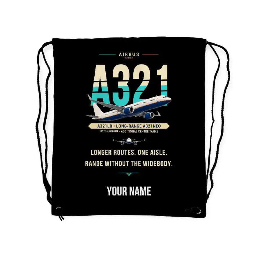 Airbus A321LR - Drawstring Bag - Original + Name - Black