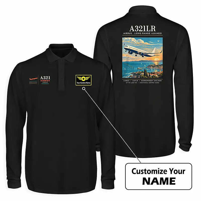 Airbus A321LR Premium Polo T-Shirts - Poster + Name - Long Sleeve - Black