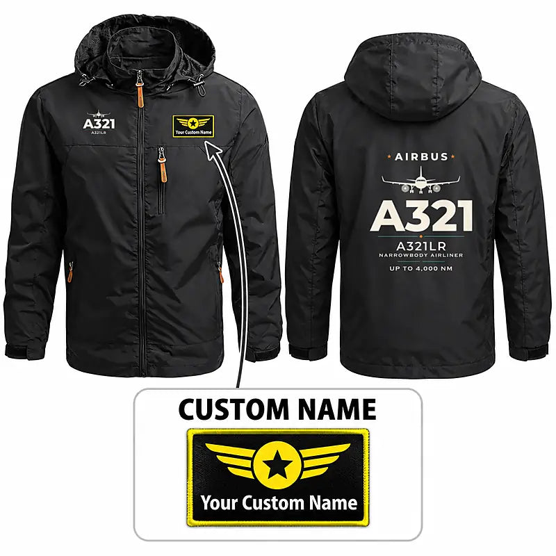 Airbus A321LR Stylish Jackets - Hooded Windbreaker - Heritage + Name - Black