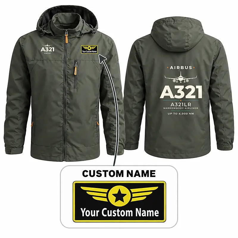 Airbus A321LR Stylish Jackets - Hooded Windbreaker - Heritage + Name - Olive Green