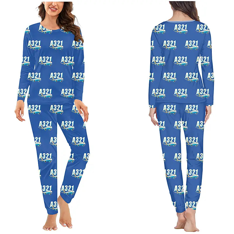 Airbus A321LR - Women Pajamas - Cartoon Pattern - Blue