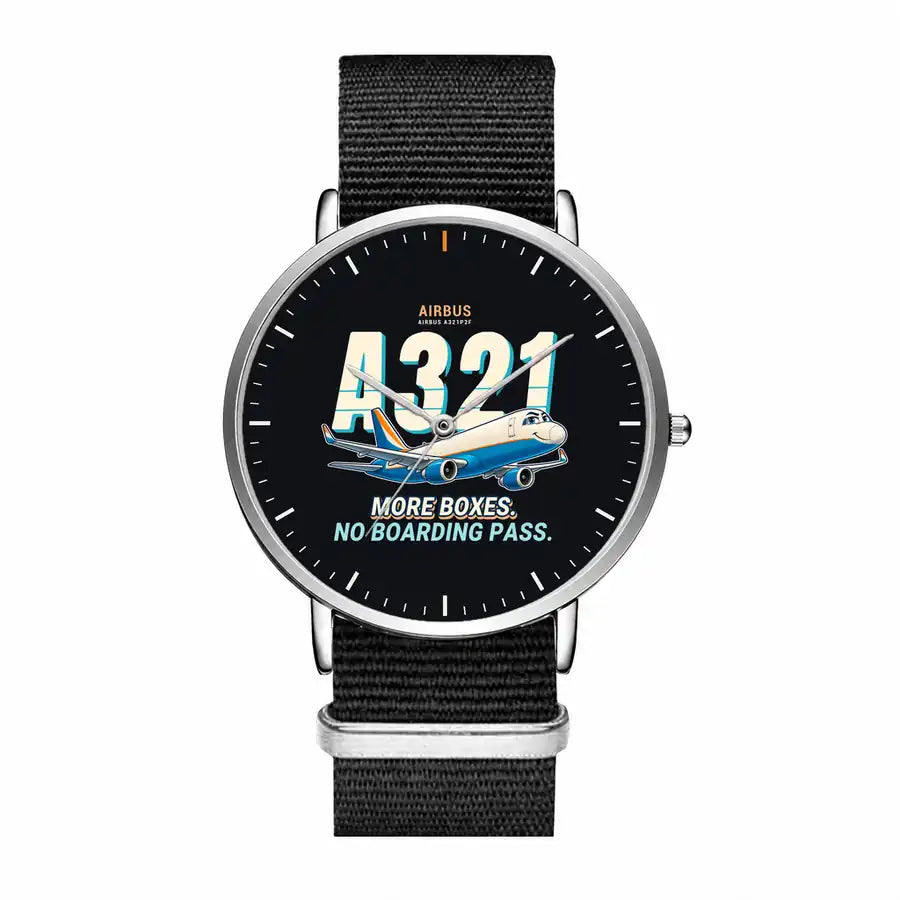 Airbus A321P2F - Cartoon - Slim Leather - Silver and Black Nylon Strap