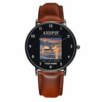 Thumbnail for Airbus A321P2F - Poster + Name - Slim Leather - Black and Brown Leather Strap