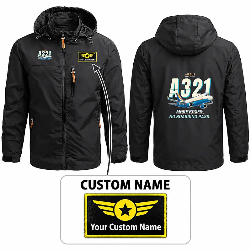Airbus A321P2F Stylish Jackets - Hooded Windbreaker - Cartoon + Name - Black