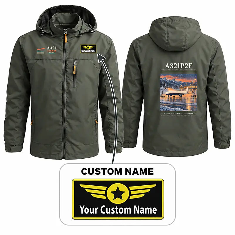 Airbus A321P2F Stylish Jackets - Hooded Windbreaker - Poster + Name - Olive Green
