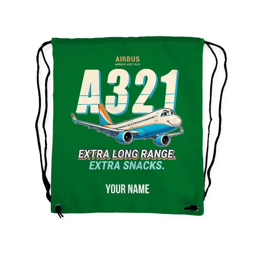 Airbus A321XLR - Drawstring Bag - Cartoon + Name - Green