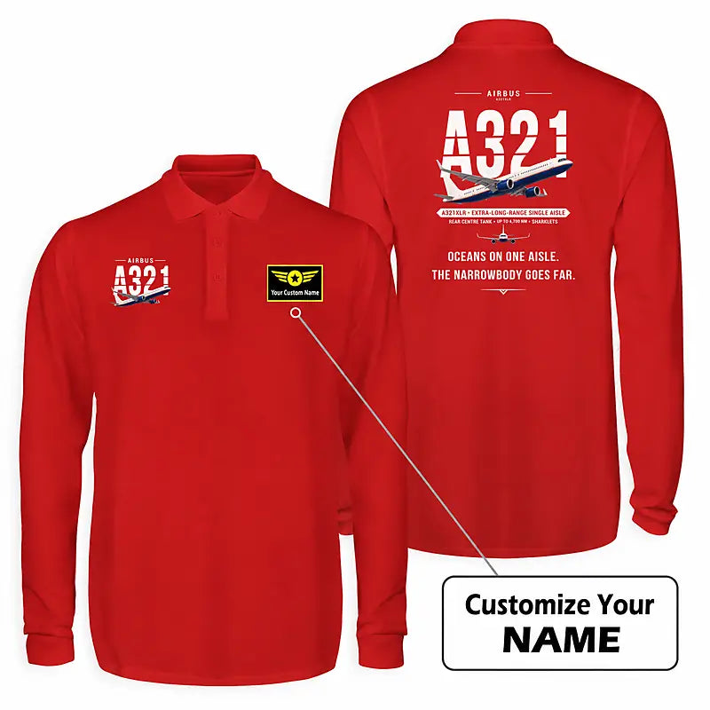 Airbus A321XLR Premium Polo T-Shirts - Original + Name - Long Sleeve - Red