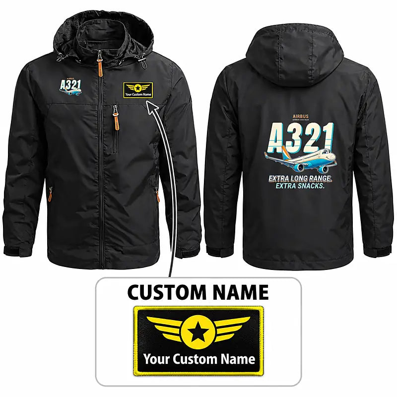 Airbus A321XLR Stylish Jackets - Hooded Windbreaker - Cartoon + Name - Black
