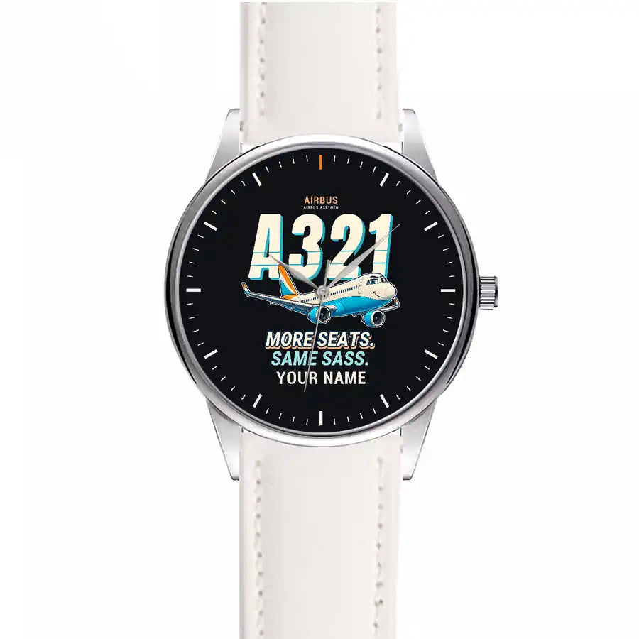 Airbus A321neo - Cartoon + Name - Leather Strap - White Leather Strap