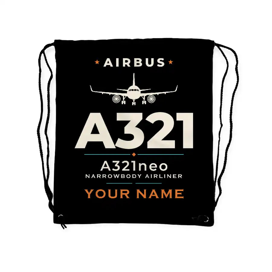 Airbus A321neo - Drawstring Bag - Heritage + Name - Black