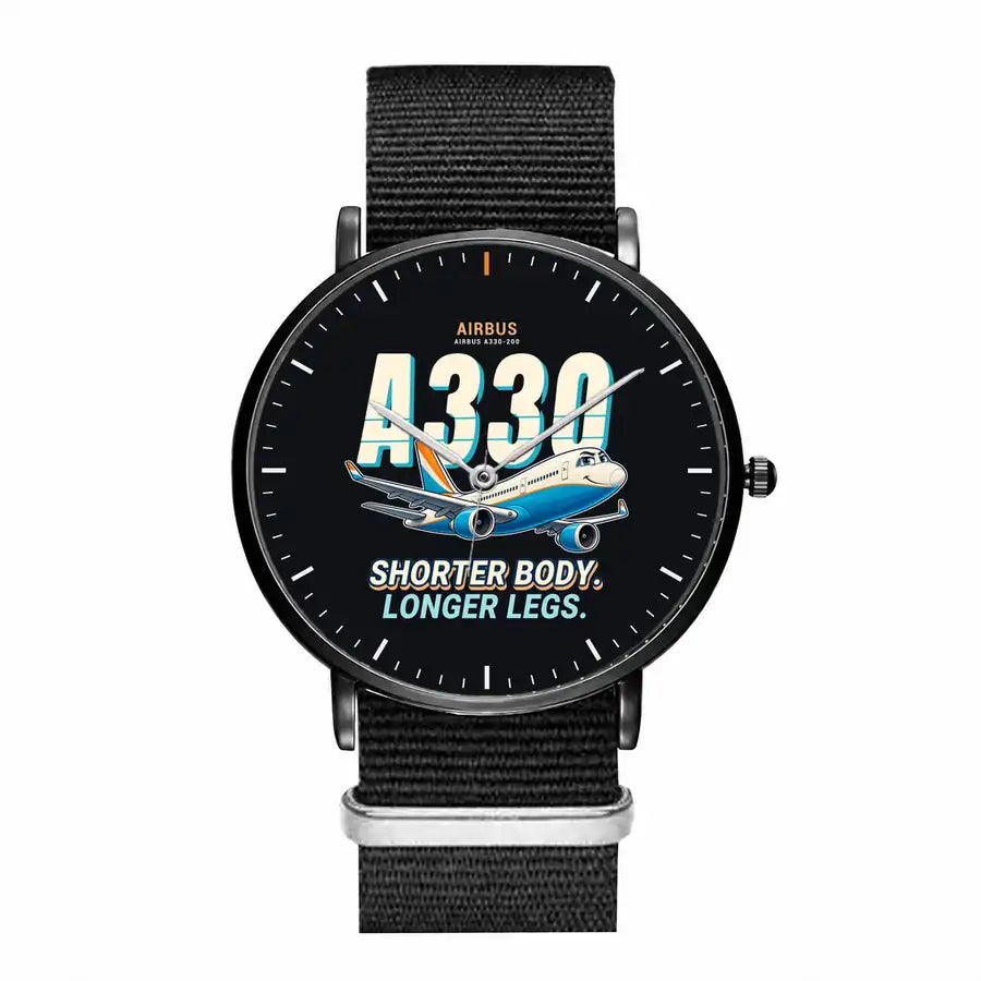 Airbus A330-200 - Cartoon - Slim Leather - Black and Black Nylon Strap
