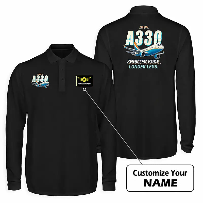 Airbus A330-200 Premium Polo T-Shirts - Cartoon + Name - Long Sleeve - Black