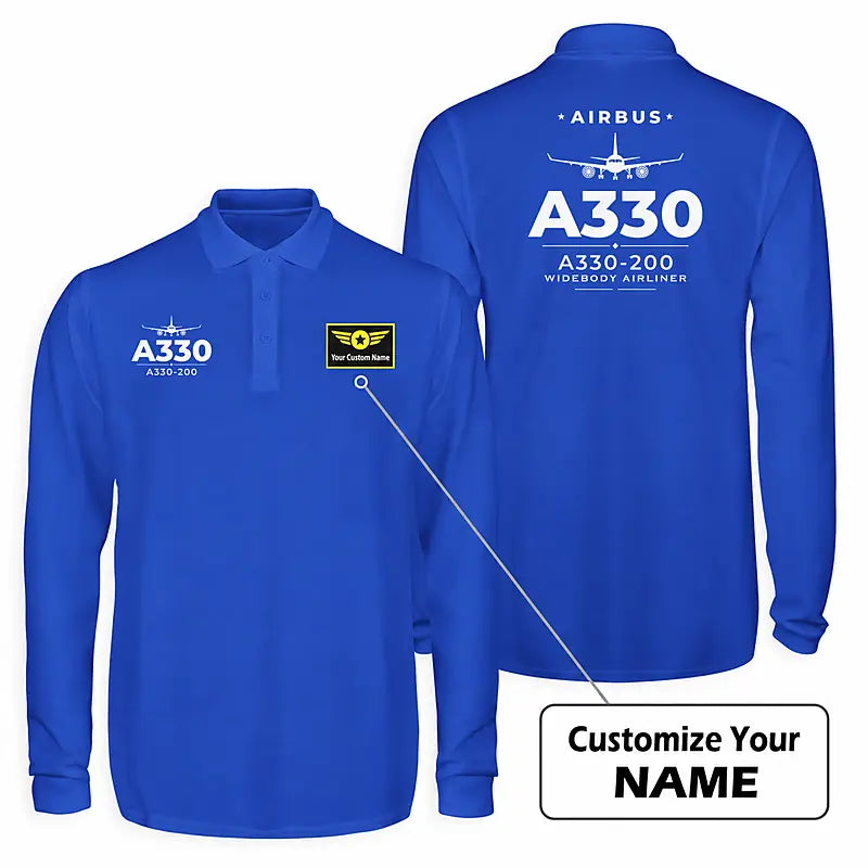 Airbus A330-200 Premium Polo T-Shirts - Heritage + Name - Long Sleeve - Blue