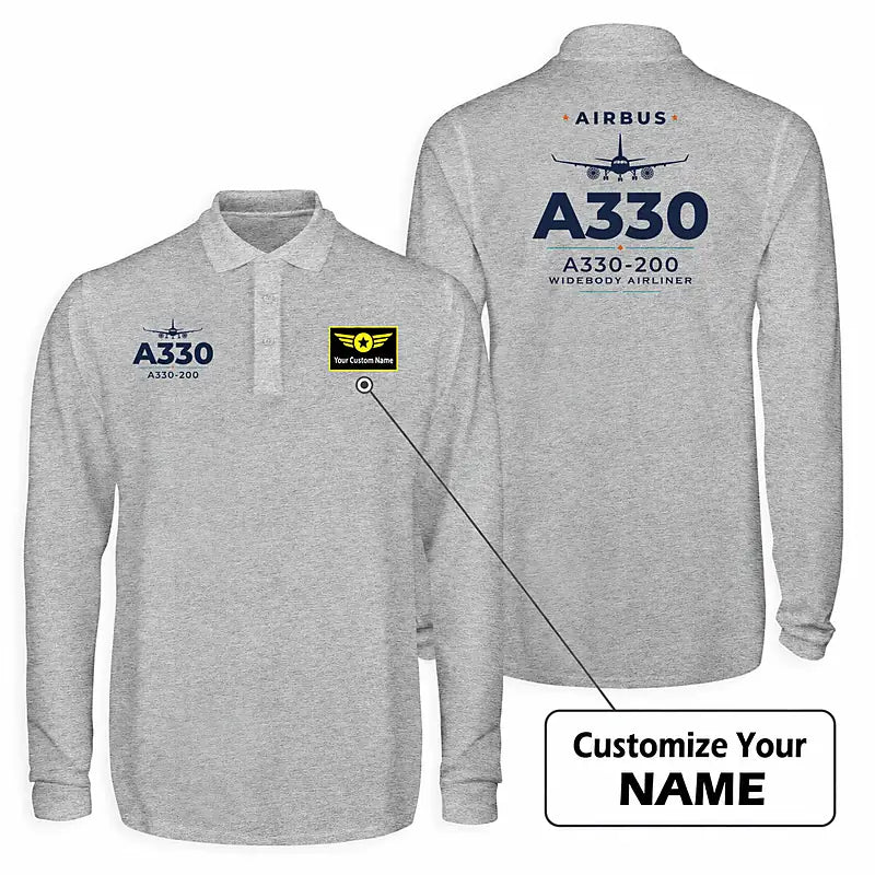 Airbus A330-200 Premium Polo T-Shirts - Heritage + Name - Long Sleeve - Gray