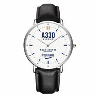 Thumbnail for Airbus A330-200P2F - Classic - White + Name - Slim Leather - Silver and Black Leather Strap