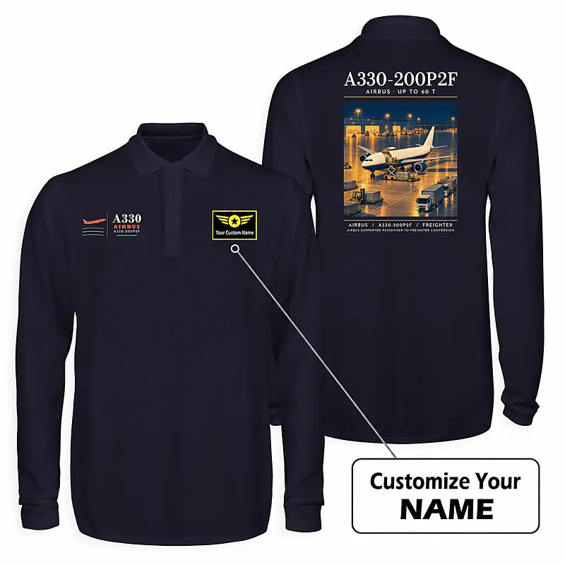 Airbus A330-200P2F Premium Polo T-Shirts - Poster + Name - Long Sleeve - Dark Blue