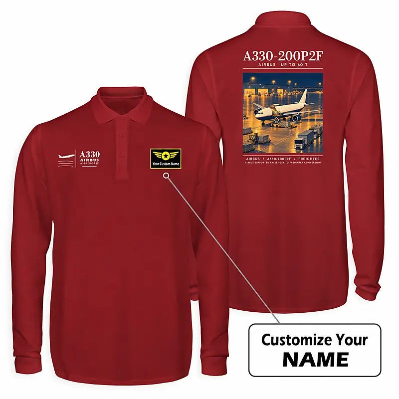 Airbus A330-200P2F Premium Polo T-Shirts - Poster + Name - Long Sleeve - Dark Red