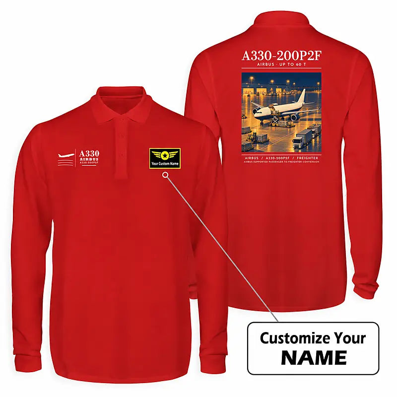 Airbus A330-200P2F Premium Polo T-Shirts - Poster + Name - Long Sleeve - Red