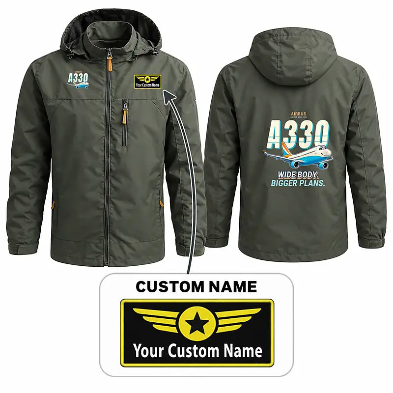 Airbus A330-300 Stylish Jackets - Hooded Windbreaker - Cartoon + Name - Olive Green