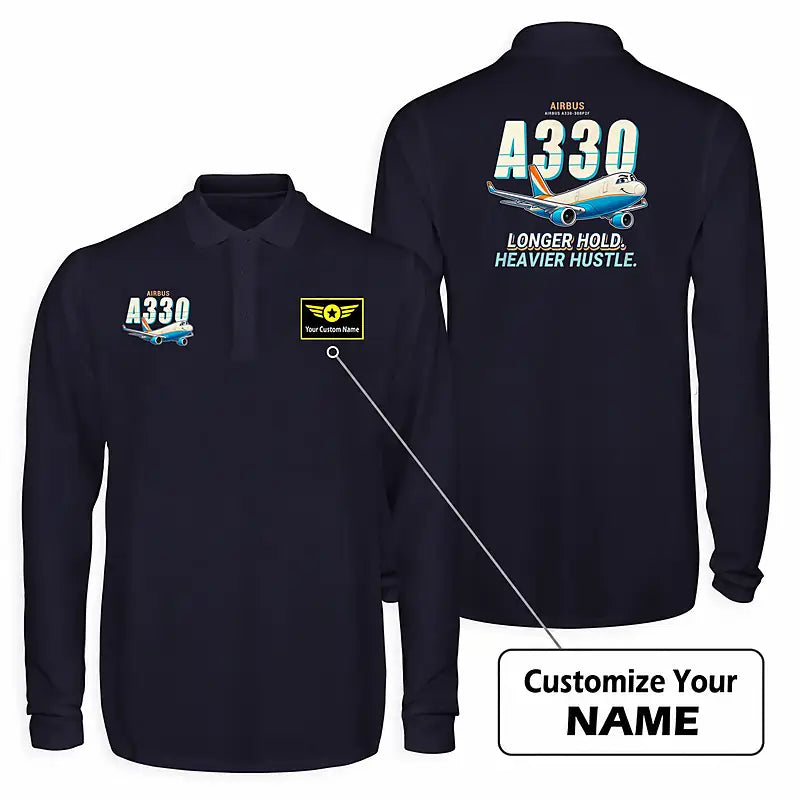 Airbus A330-300P2F Premium Polo T-Shirts - Cartoon + Name - Long Sleeve - Dark Blue