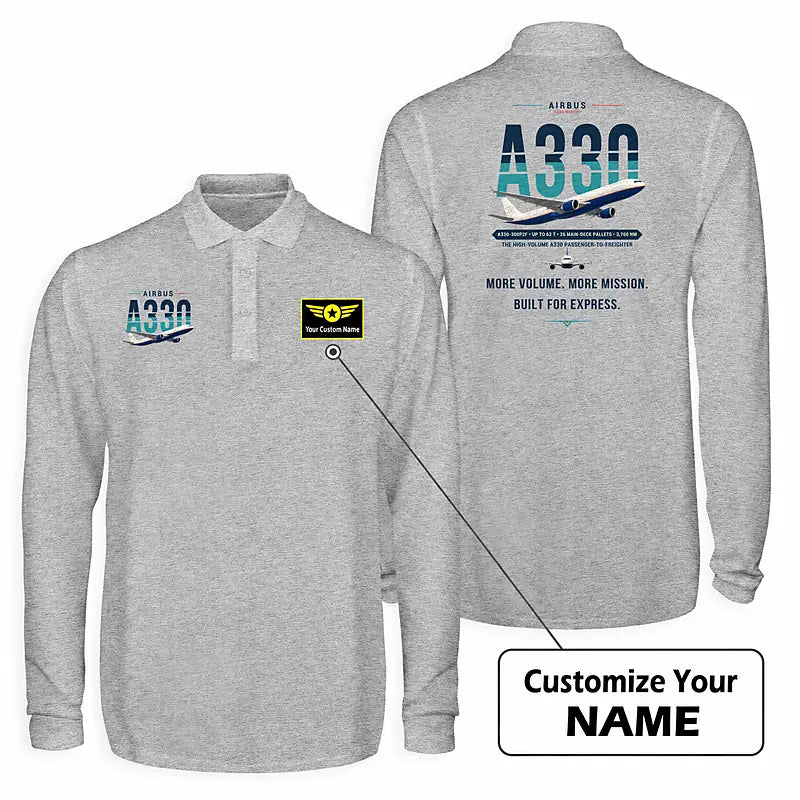 Airbus A330-300P2F Premium Polo T-Shirts - Original + Name - Long Sleeve - Gray