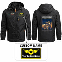 Thumbnail for Airbus A330-300P2F Stylish Jackets - Hooded Windbreaker - Poster + Name - Black