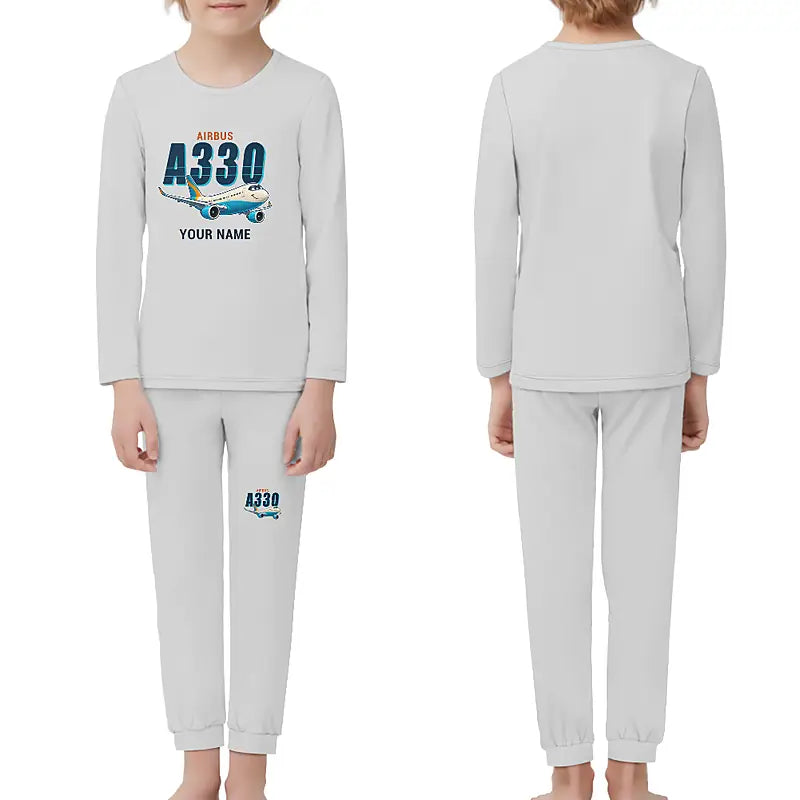 Airbus A330-900neo - Children Pajamas - Cartoon Chest + Name - Light Gray